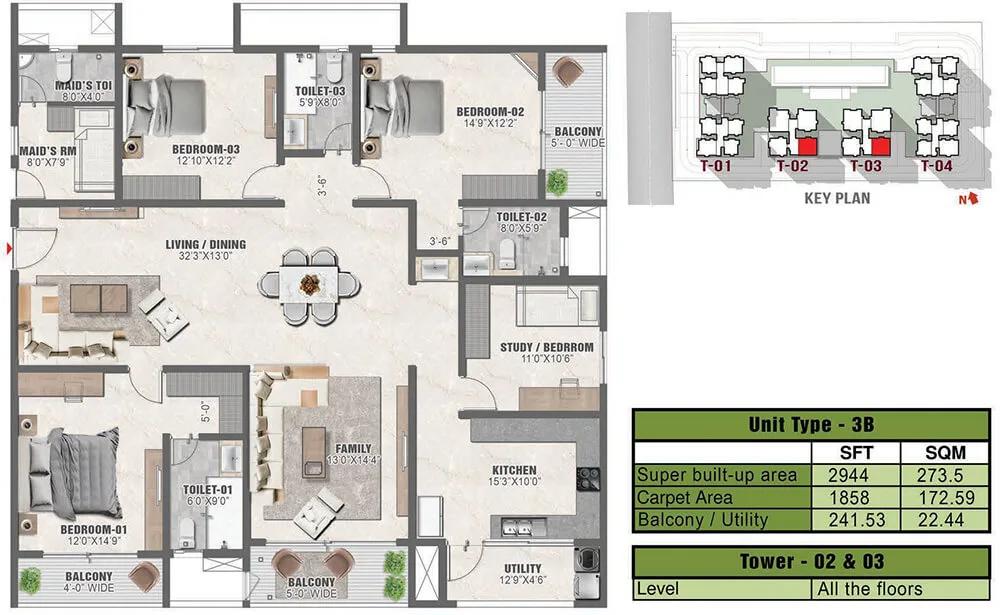 2944 3BHK+Study 3B - Prestige Clairmont