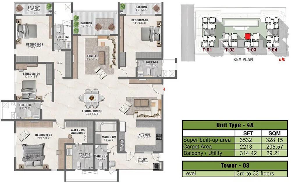 3532 4BHK+Maids 4A - Prestige Clairmont