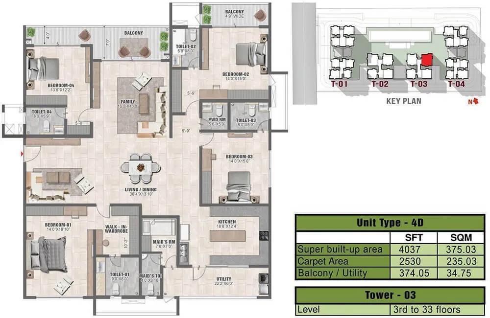 4037 4BHK+Maids 4D - Prestige Clairmont
