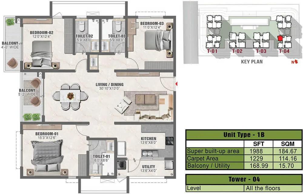 1988 3BHK 1B - Prestige Clairmont