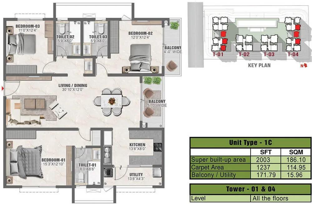 2003 3BHK 1C - Prestige Clairmont