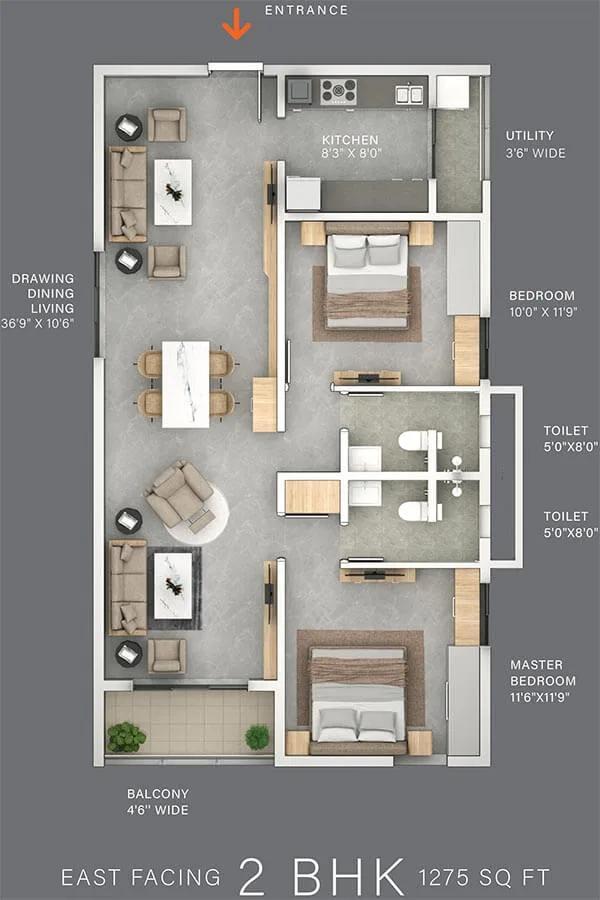 2bhk east 1275 the line narsingi