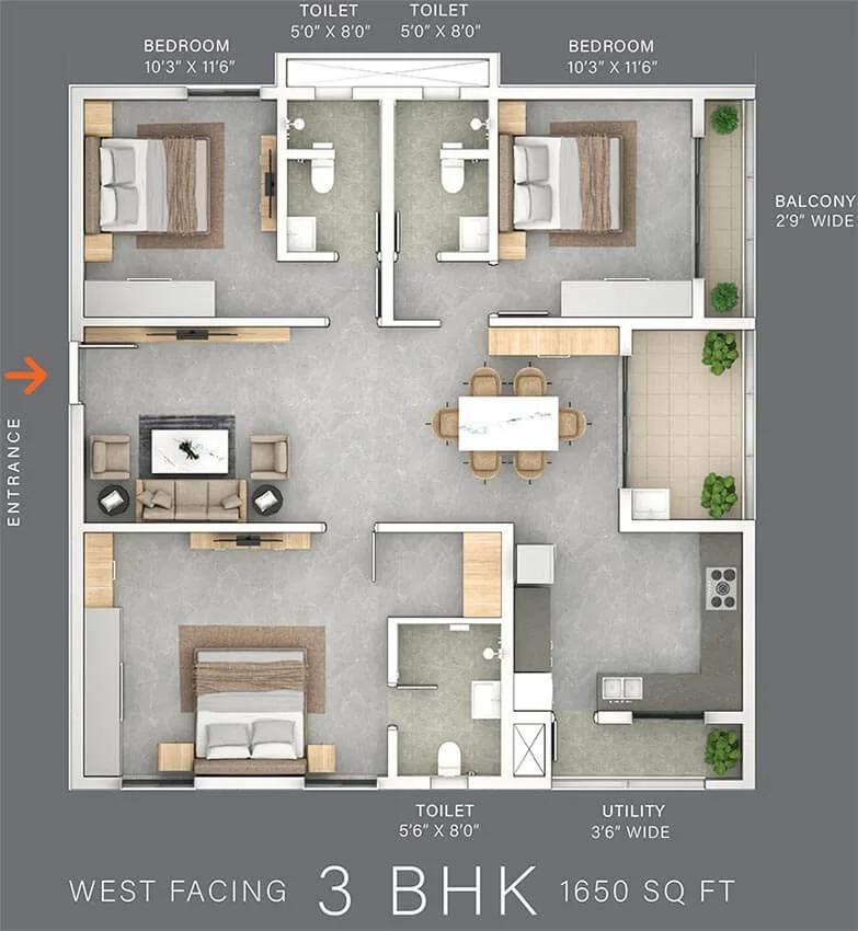 3bhk west 1650 the line narsingi