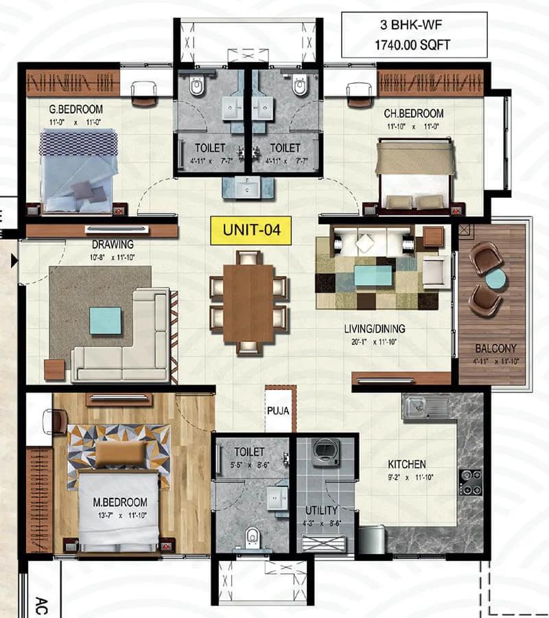3bhk 1740 wave by raghava wave hyderabad