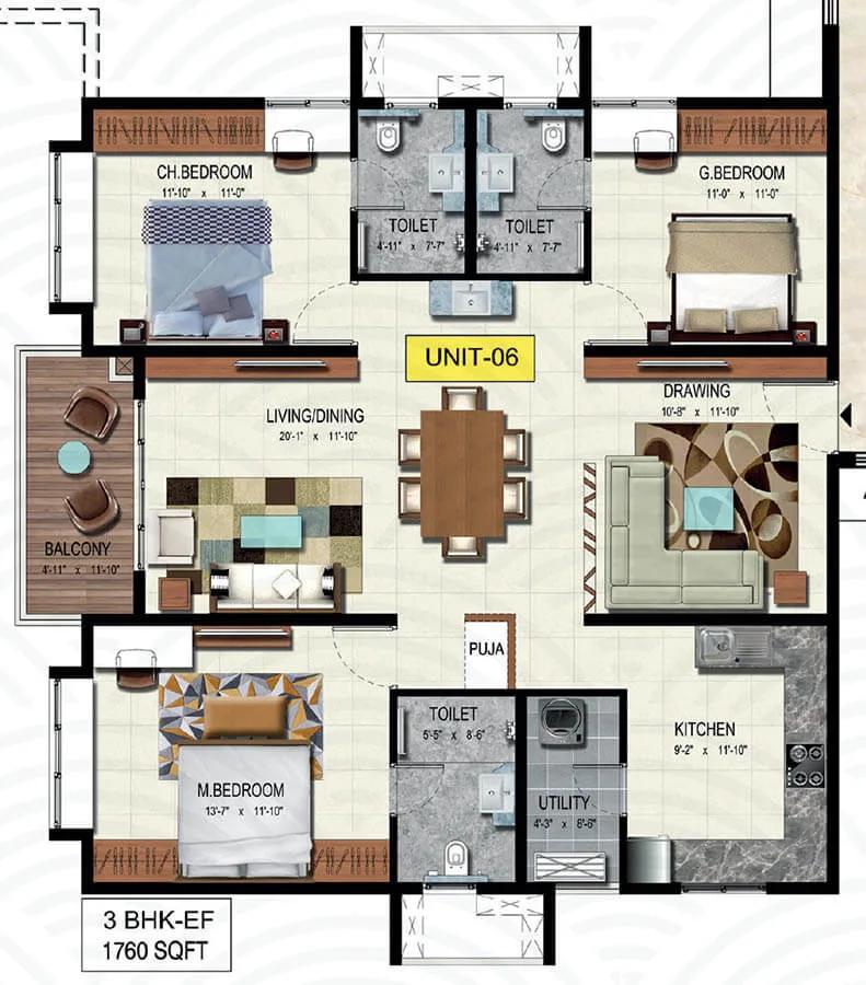 3bhk 1760 wave by raghava wave hyderabad