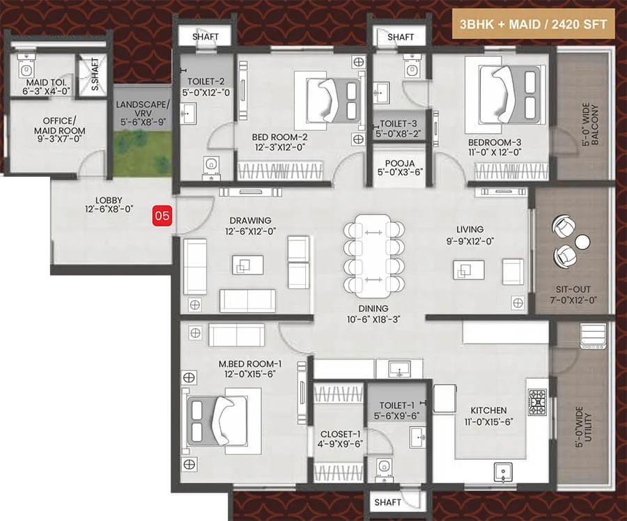 3bhk+maid 2420 team4 arka by team4 lifespaces