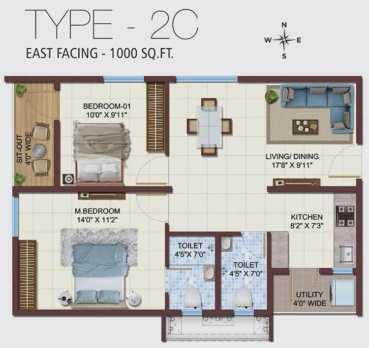 2bhk 1000 2c ramky nextown
