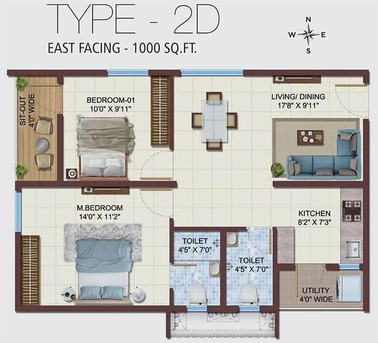2bhk 1000 2d ramky nextown
