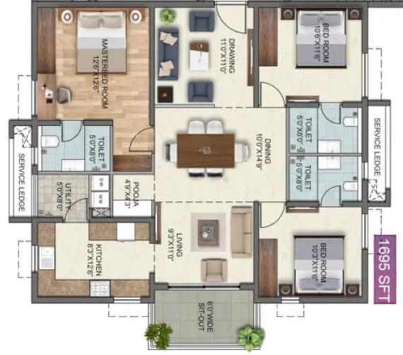 3BHK 1695 - Anvita High9 Hyderabad
