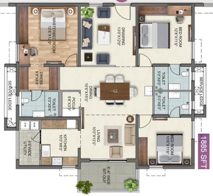 3BHK 1885 - Anvita High9 Hyderabad