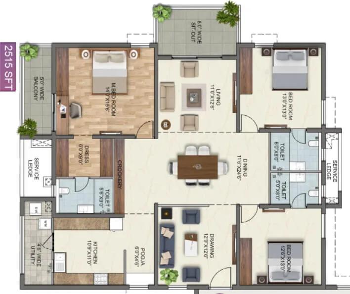 3BHK 2515 - Anvita High9 Hyderabad