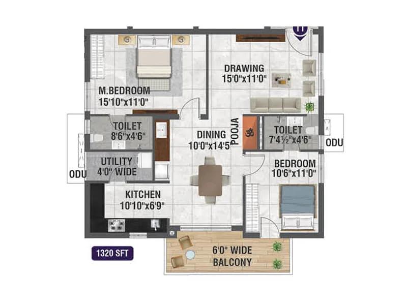 2BHK 1320 - Bhanodaya Crystal