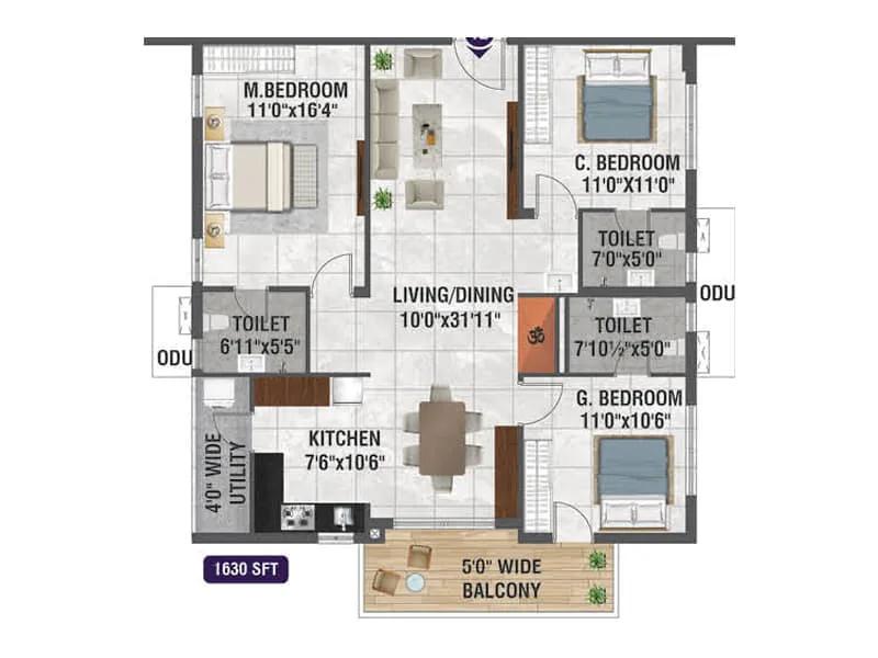 3BHK 1630 - Bhanodaya Crystal