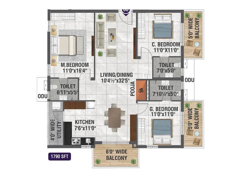 3BHK 1790 - Bhanodaya Crystal