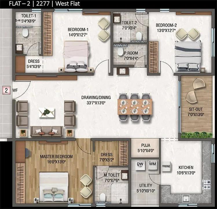 3BHK 2277 W-2 - DSR Altitudes Hyderabad