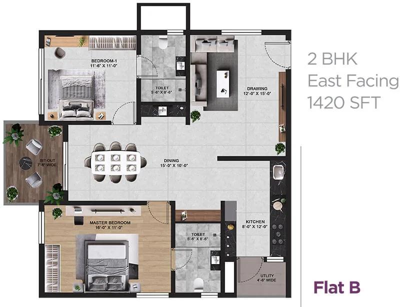 2BHK 1420 - Vian Mrida Apartments Kollur