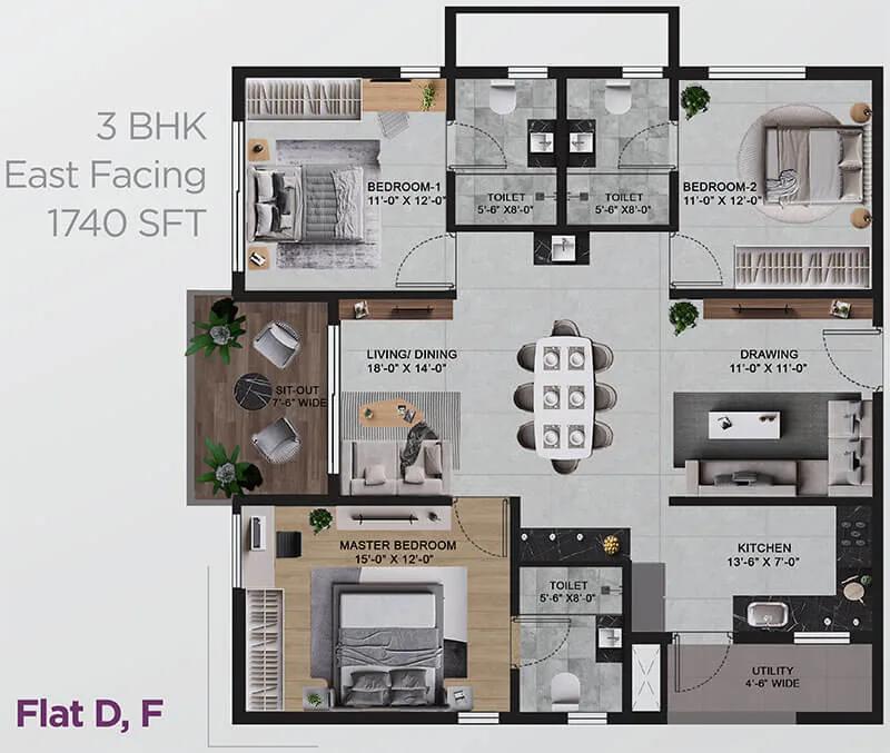 3BHK 1740 - Vian Mrida Apartments Kollur