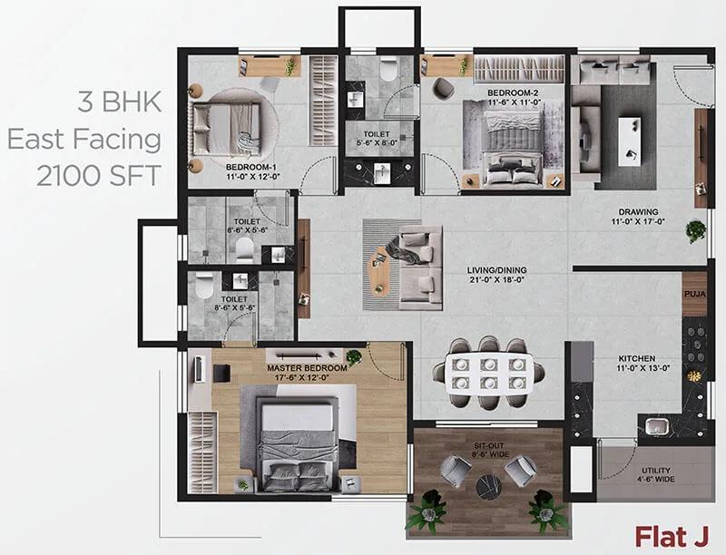 3BHK 2100 - Vian Mrida Apartments Kollur
