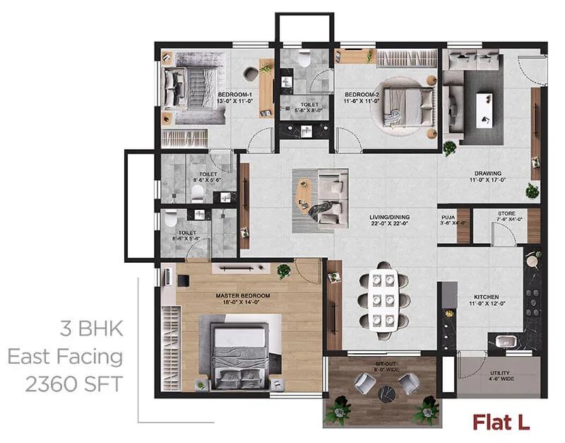 3BHK 2360 - Vian Mrida Apartments Kollur