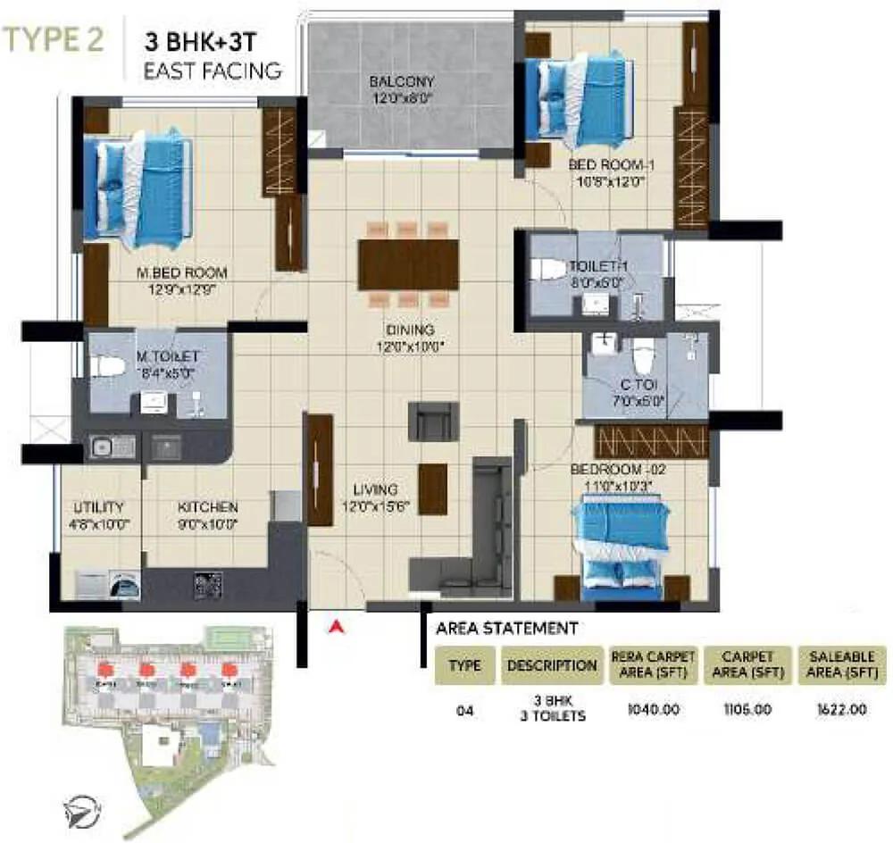3BHK 1622 - NCC Urban Lake Springs