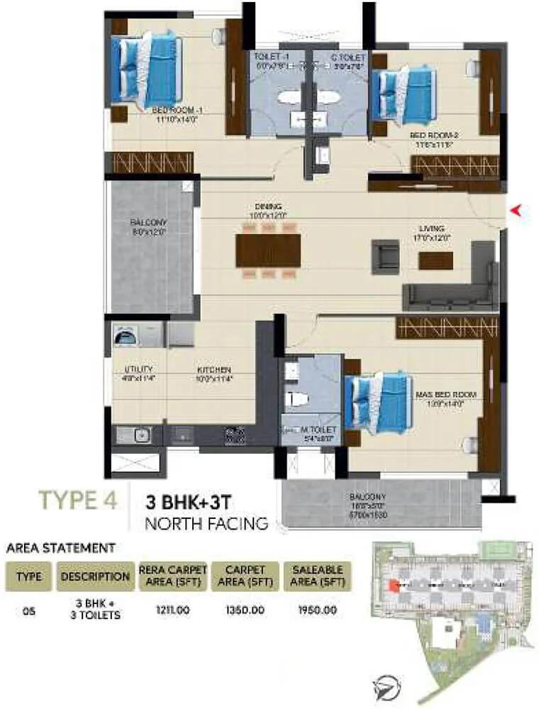 3BHK 1950 - NCC Urban Lake Springs