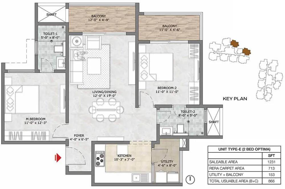 2BHK Optima 1231 - Prestige Suncrest Apartments