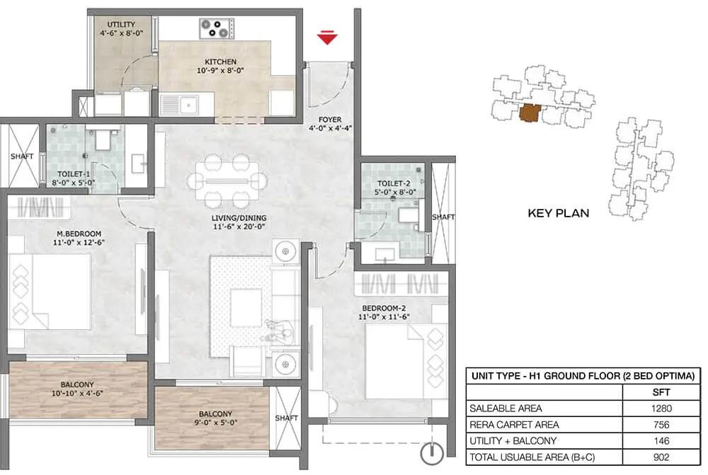 2BHK Optima 1280 - Prestige Suncrest Apartments