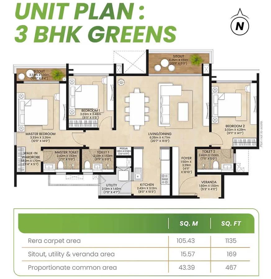 1135 3BHK Greens - Mahindra Eden