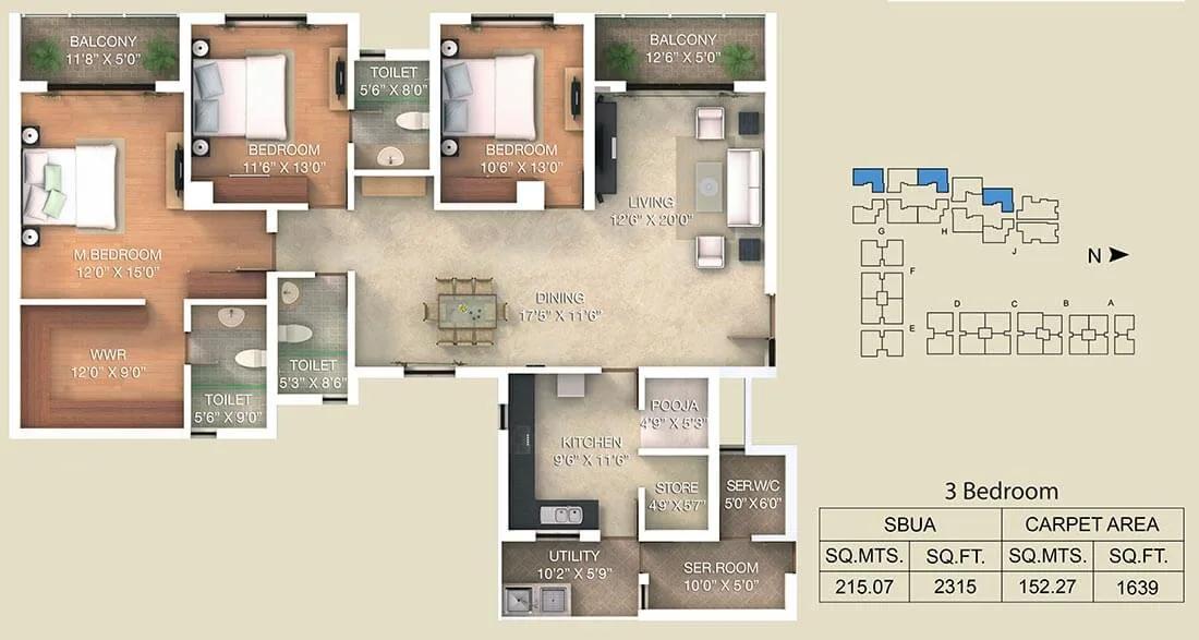 3 BHK - 2315 - Adarsh Palm Retreat Lake Front