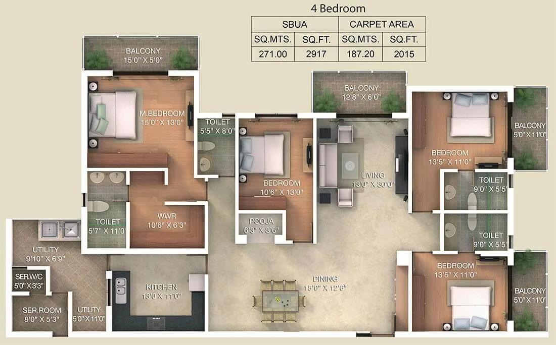 4 BHK - 2917 - Adarsh Palm Retreat Lake Front
