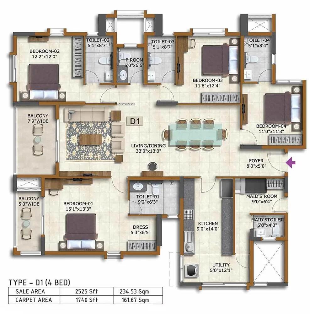 4 BHK 2525 - Prestige Waterford ECC Road Whitefield