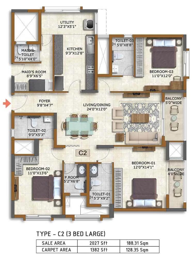3 BHK Large 2027 - Prestige Waterford ECC Road Whitefield