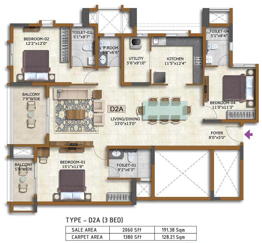 3 BHK 2060 - Prestige Waterford ECC Road Whitefield