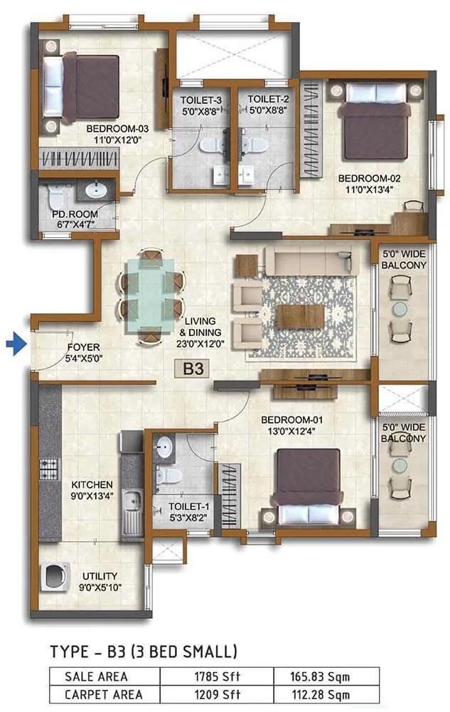 3 BHK 1785 - Prestige Waterford ECC Road Whitefield