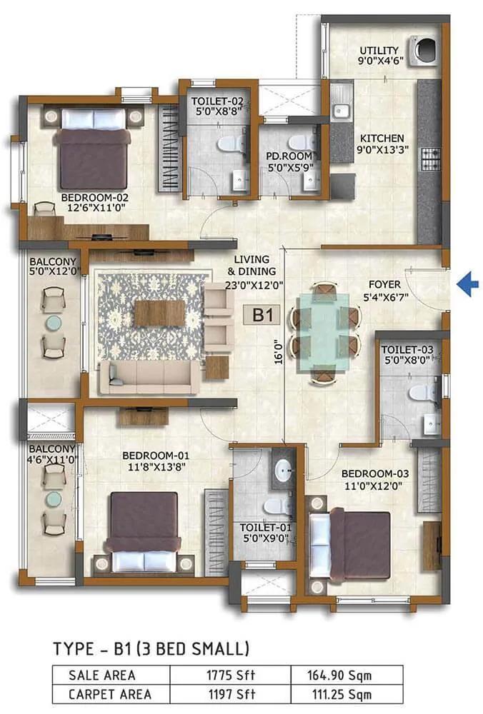 3 BHK 1775 - Prestige Waterford ECC Road Whitefield