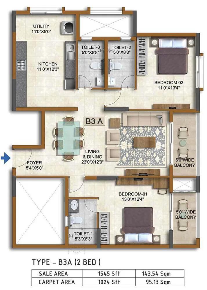2 BHK 1545 - Prestige Waterford ECC Road Whitefield