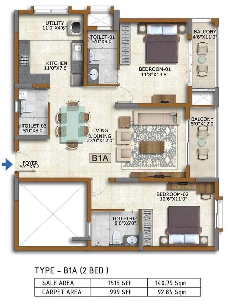 2 BHK 1515 - Prestige Waterford ECC Road Whitefield