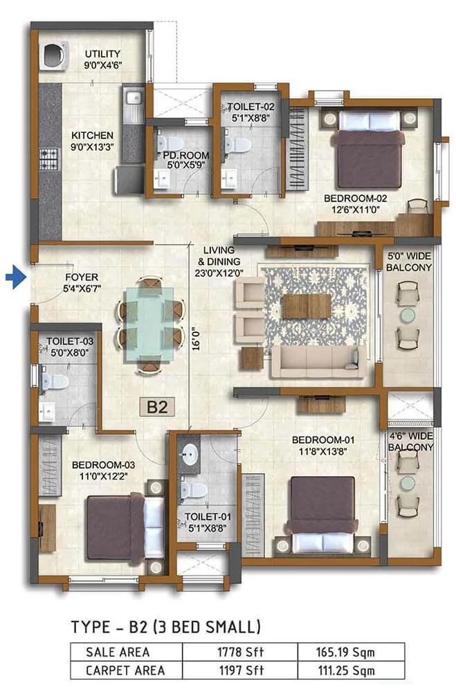 2 BHK 1778 - Prestige Waterford ECC Road Whitefield