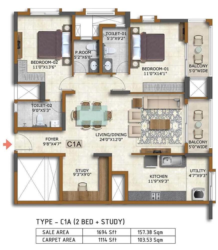 2 BHK Study 1694 - Prestige Waterford ECC Road Whitefield