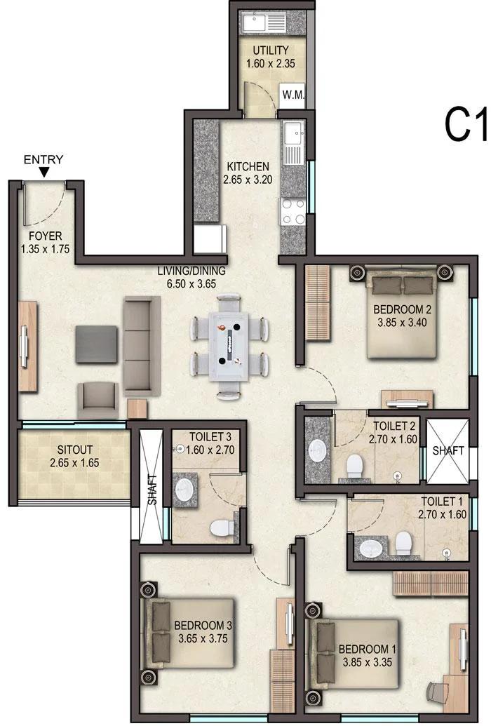 3BHK – C1 – Sobha Avenue