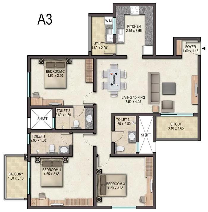 3BHK – A3 – Sobha Avenue