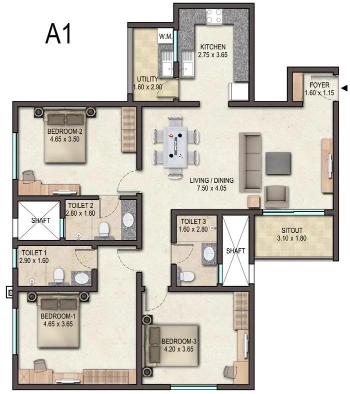 3BHK – A1 – Sobha Avenue