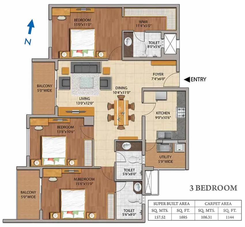 3BHK 1144 - Adarsh Palm Retreat Mayberry