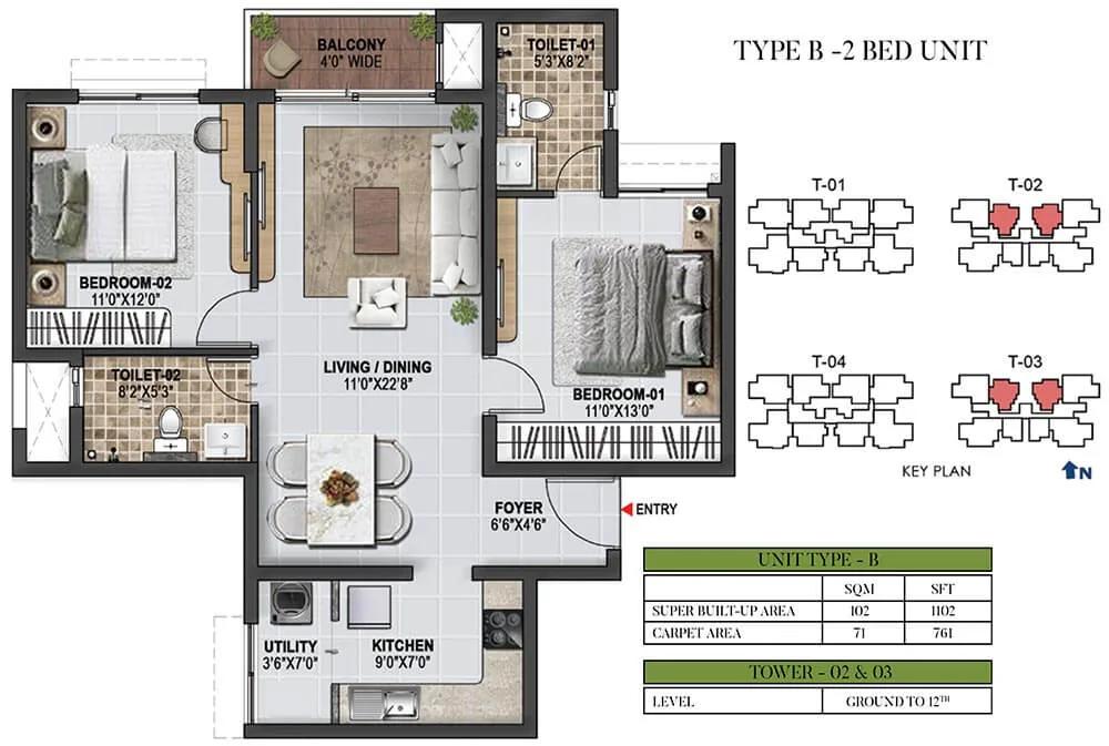 1102 2BHK - Prestige Green Gables