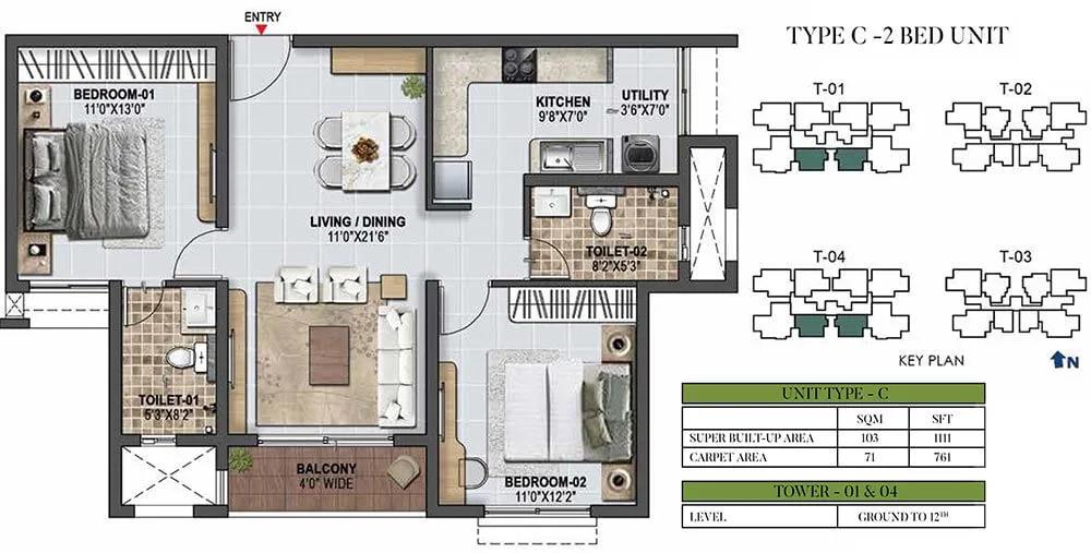 1111 2BHK - Prestige Green Gables