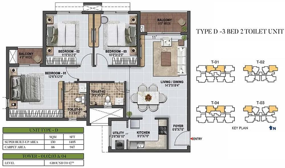 1405 3BHK+2T - Prestige Green Gables