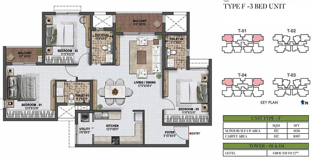 1636 3BHK - Prestige Green Gables