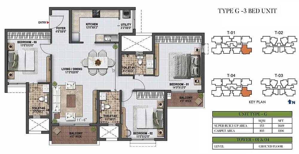 1649 3BHK - Prestige Green Gables