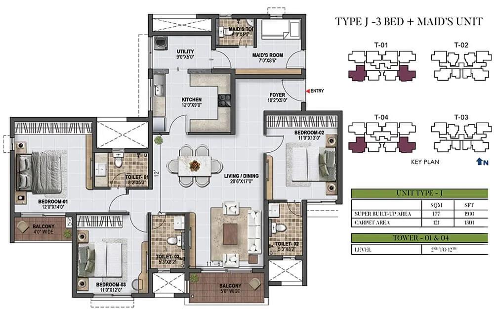 1910 3BHK+MR - Prestige Green Gables