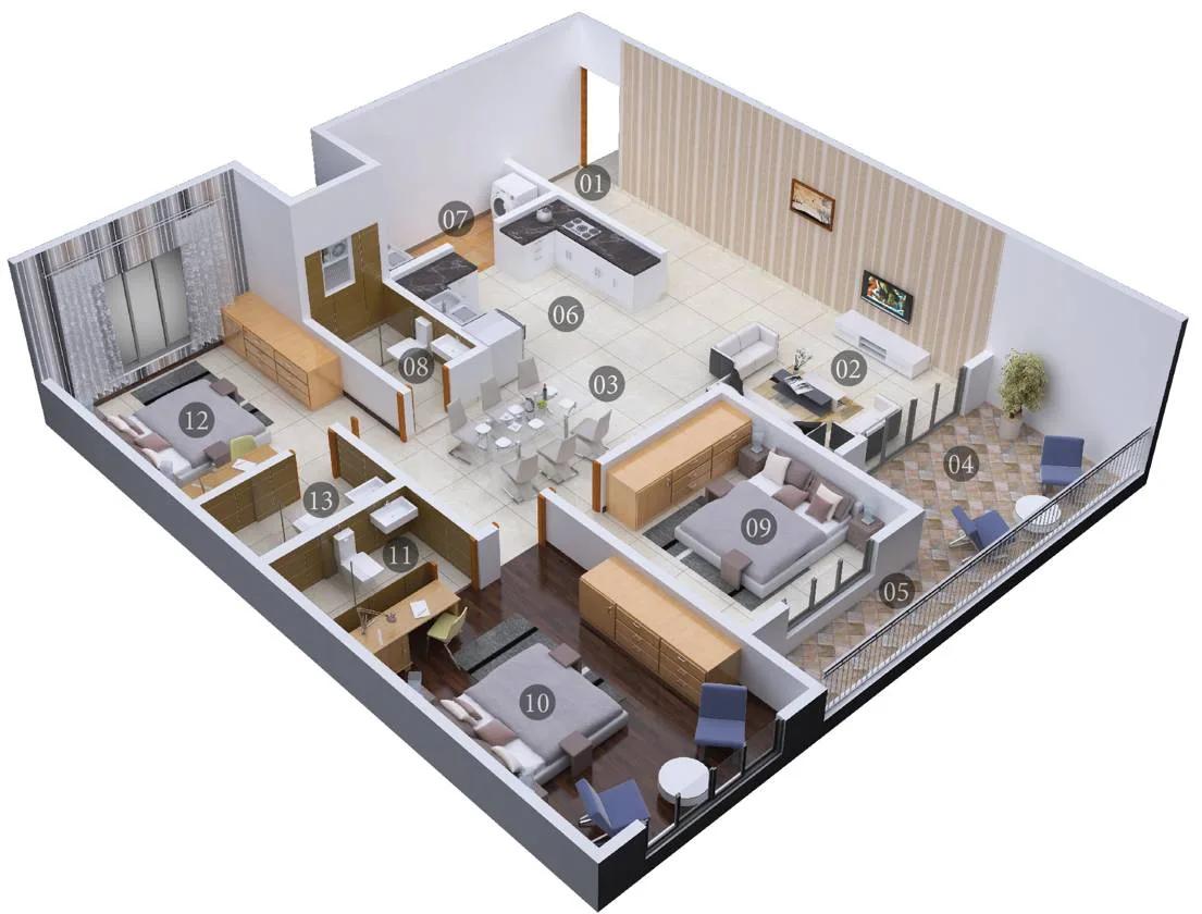 3 BHK 3D – 1760 – Shriram Chirping Woods